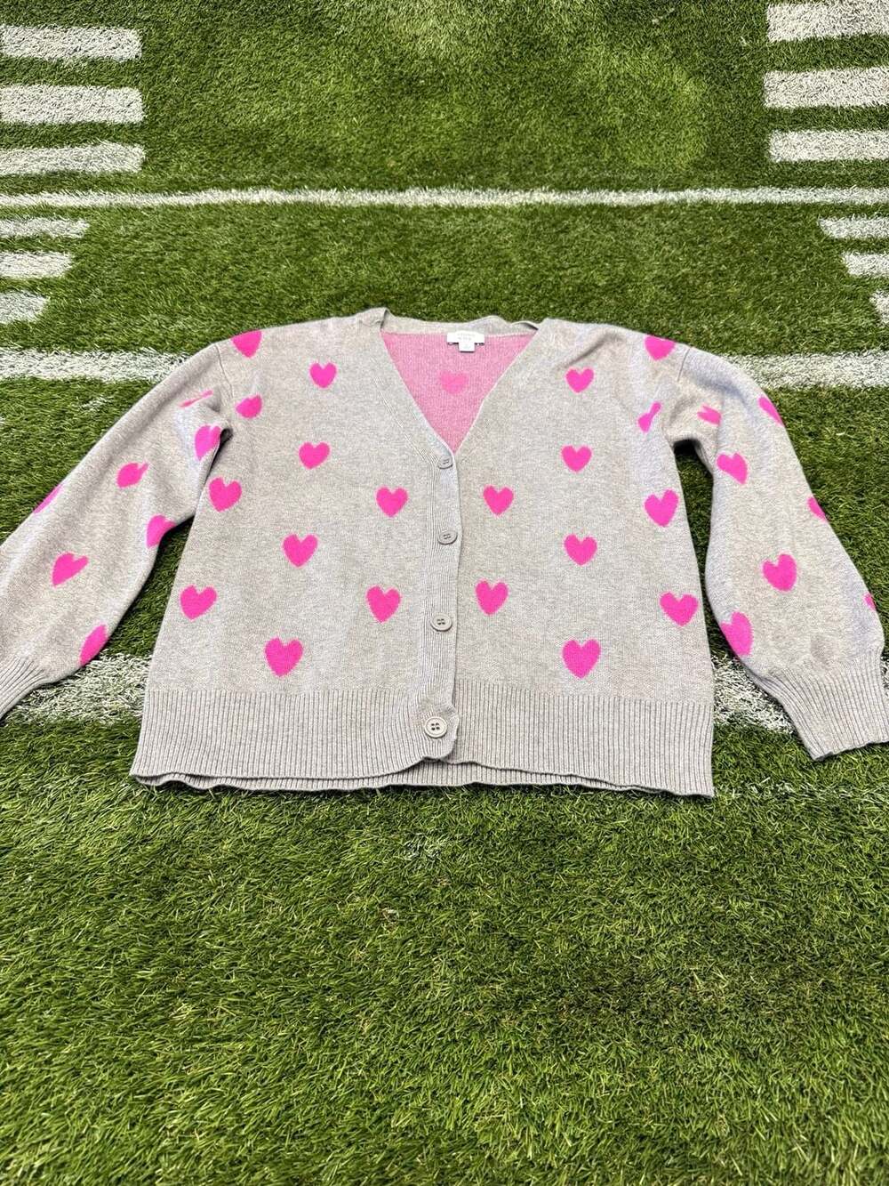 Crown & Ivy Heart Pattern Cardigan - Gray with Pink Hearts, Size S